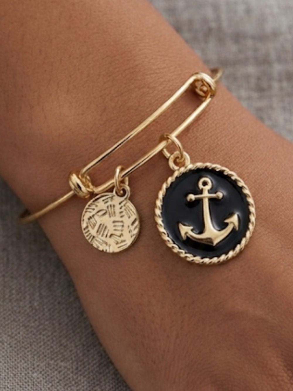 Gold-Tone Anchor Charm Bangle Bracelet - Black Enamel